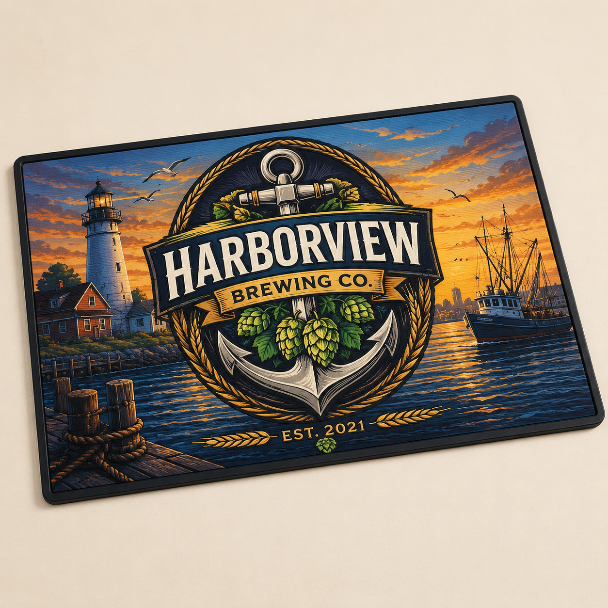 Custom full-color printed bar mat with logo