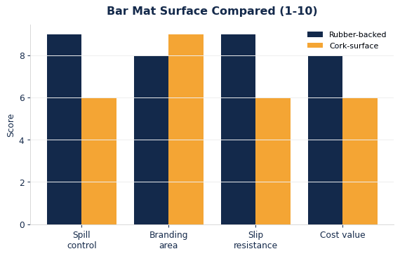 Bar mat surfaces compared for cocktail bar spill control and branding.